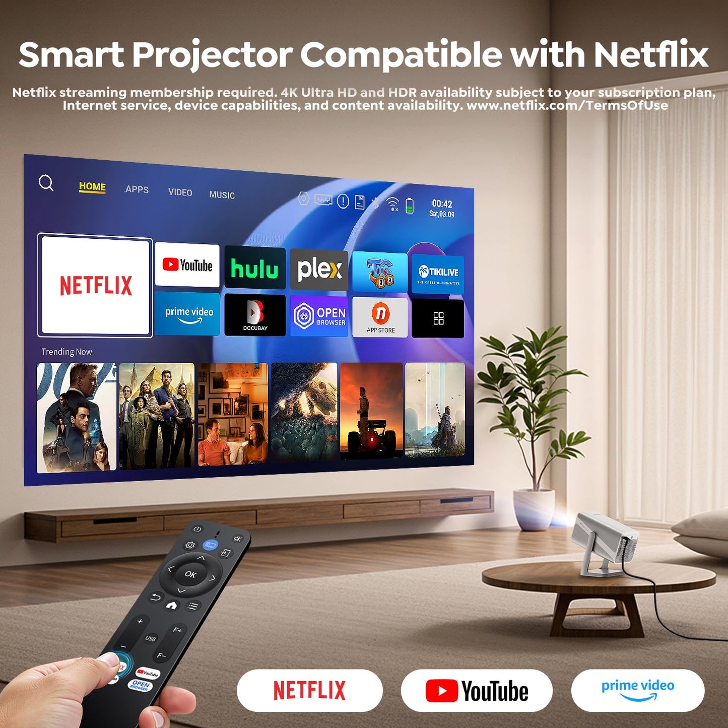 [4K Support/Auto Focus/360°Adjustable Stand]Smart-Projector-4K with WiFi 6 and Bluetooth5.2, Native 1080P Mini Portable Projector, Dolby Audio, TOPTRO Outdoor Movie Proyector Compatible with Netflix