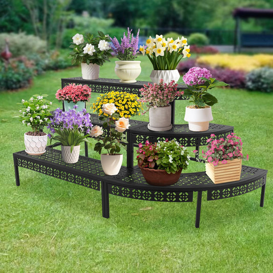 AYLYOTOY 3-Tier Metal Plant Stand, Quarter Round Plant Corner Shelf, Tiered Ladder Flower Pot Display Holder Storage Organizer Rack for Patio, Balcony, Garden, Home, Indoor Outdoor Use