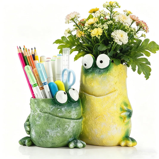 Nattol Frog Planter Pot with Drainage Hole – Resin Flower Pot & Pen Holder for Desk Décor, Indoor Home or Office Decoration