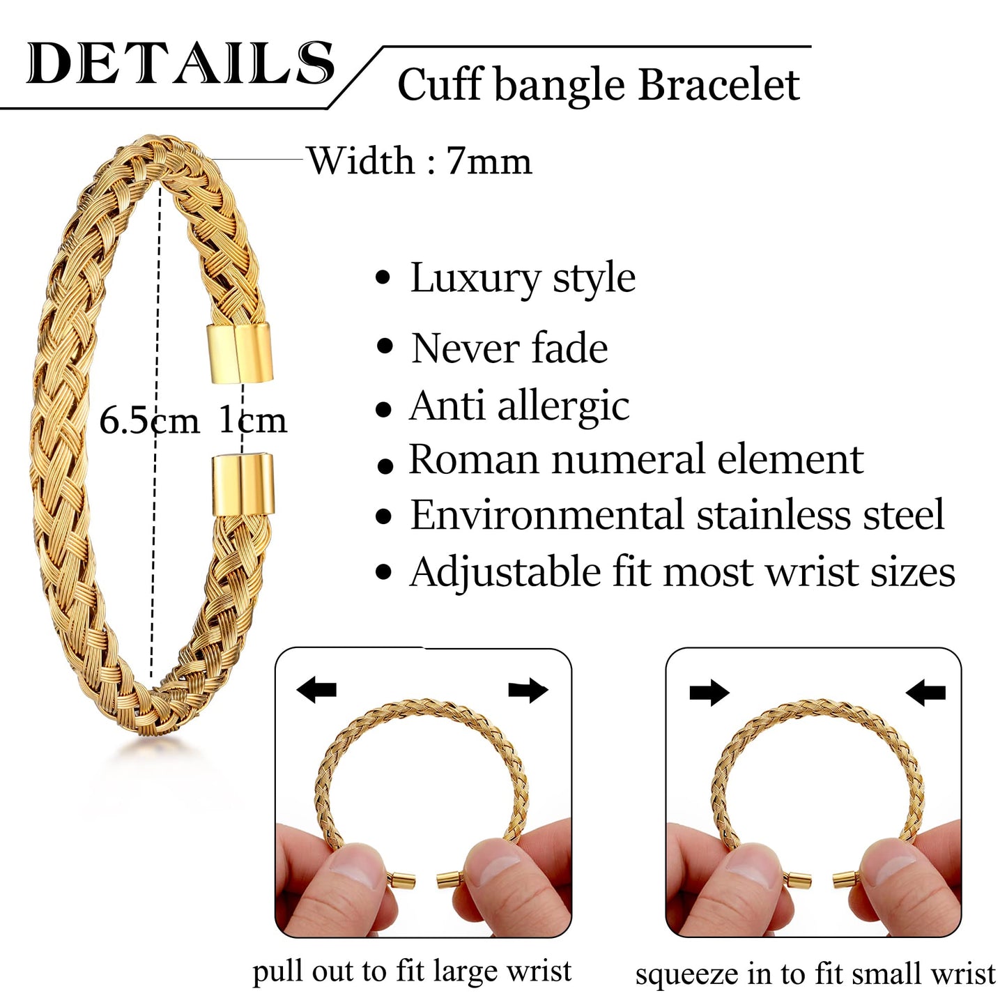 WFYOU 3PCS Stainless Steel Bracelets for Men Gold Roman Numeral Bangle Bracelet Twisted Cable Bracelet Adjustable Cuff Bracelet Mens Luxury Jewelry Bracelets Gifts(N:Gold-CZ Round Beads)