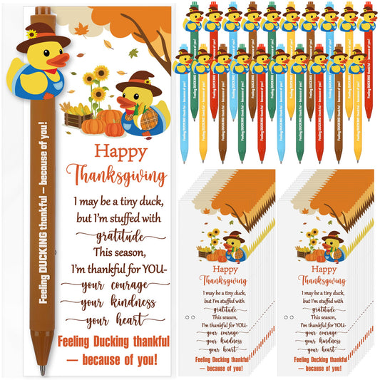 Sinload 50 Sets Thanksgiving Gifts Bulk Fall Appreciation Pens Gifts with Scarecrow Rubber Duck Pen Fall Season Thank You Greeting Card Thanksgiving Party Favor for Classroom Employee Coworker