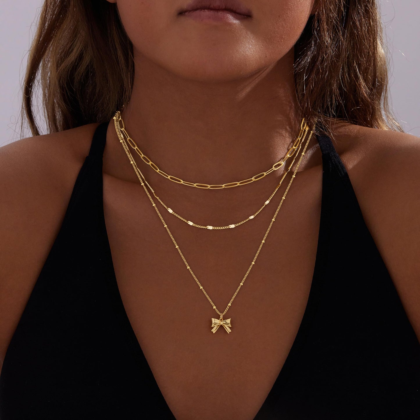 Layered Gold Bow Necklaces for Women,14k Gold Plated Dainty Stackable Choker Necklaces for Women,Trendy Layering Small Bow Pendant Paperclip Thin Chain Necklace Set Jewelry Gifts for Women