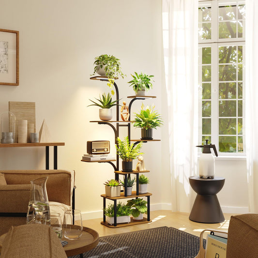 MemoCastle Tall Plant Stand with Grow Lights – 8 Tier 63" Metal and Wooden Indoor Flower Shelf Rack, Adjustable Large Corner Organizer for Living Room or Home Gardening Display
