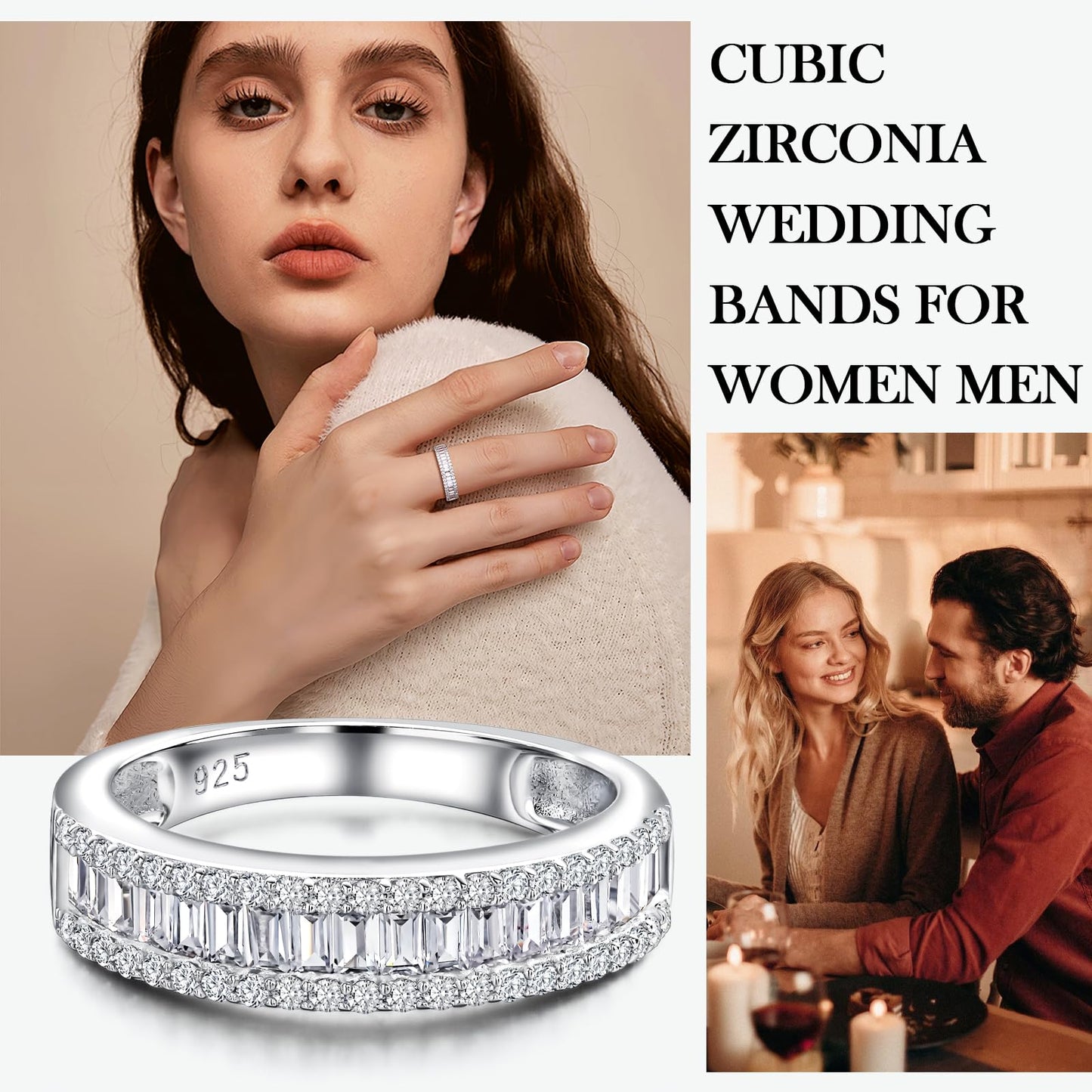 RANDES Cubic Zirconia Wedding Bands for Women Men 925 Sterling Silver Diamond Emerald Cut Eternity Band Rings Size 10.5