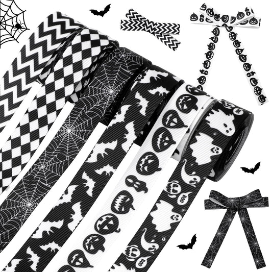 Whaline 6 Rolls Halloween Wired Edge Ribbon Spiderweb Ghost Pumpkin Fabric Ribbon Black White Wrapping Ribbons for DIY Crafts Wreath Bow Making Supplies, 30 Yard