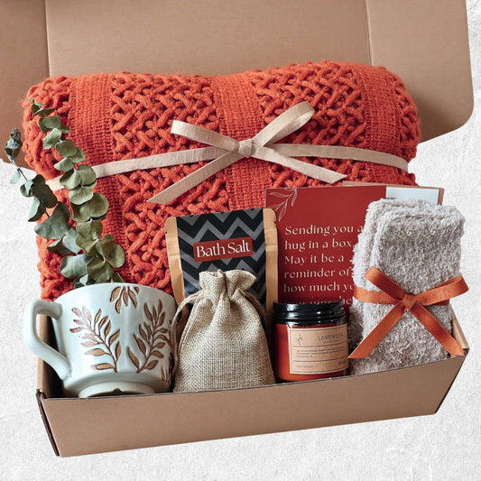Get Well Soon Gift Baskets for Women – Care Package for Women After Surgery, Thinking of You Gifts, Birthday Basket, Self Care Gift Box, Comfort Hug in a Box (Burnt Orange)
