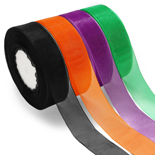 JarThenaAMCS 4 Rolls 200 Yard Halloween Sheer Chiffon Ribbon 1 Inch Organza Wrapping Ribbon Black Orange Green Purple Fabric Ribbon for DIY Crafts Bow Wreath Making Supplies