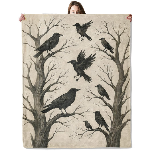 Gothic Crow Raven Blanket, Flannel Blankets Gifts for Boys Girls Adults, Warm Cozy Soft Fuzzy Throw for Couch, Bed, Room Decor 50x60 in
