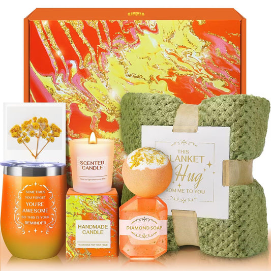 Birthday Gifts for Women, Mothers Day Gifts, Appreciation Gift Teacher & Nurse Get Well Soon Spa Retirement Gift Basket with Flannel Blanket for Mom, Grandma, Sister, Wife, Girlfriend, (orange)