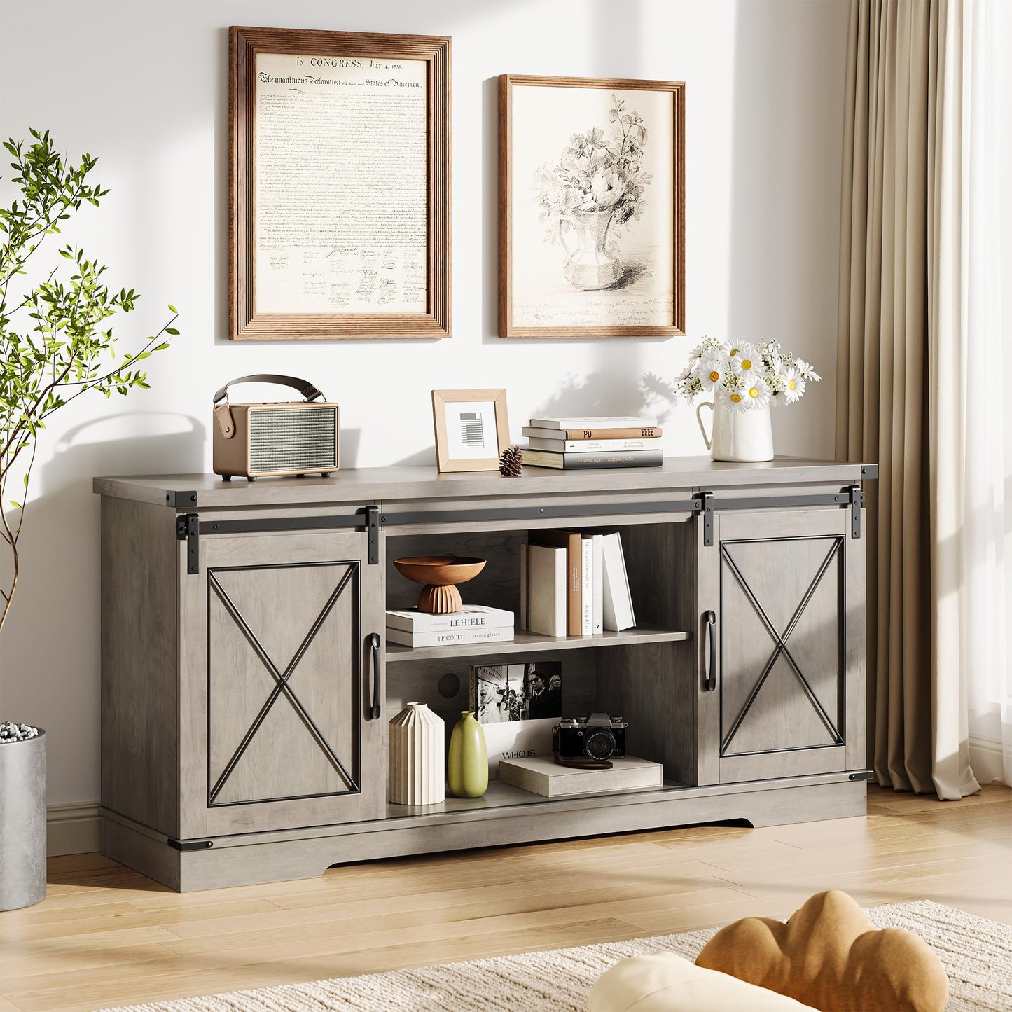 IDEALHOUSE Farmhouse TV Stand and Entertainment Center for Tv up to 65 inches with Sliding Barn Doors and Adjustable Shelf, Tv Media Console Table with Storage Cabinet for Living Room, Grey