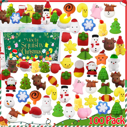 100pcs Christmas Party Favor Squishies Toys, Christmas Stocking Stuffers for Kids, Kawaii Squishy, Party Favors Mochi Squishy Toys Bulk, Xmas Gift Boys and Girls