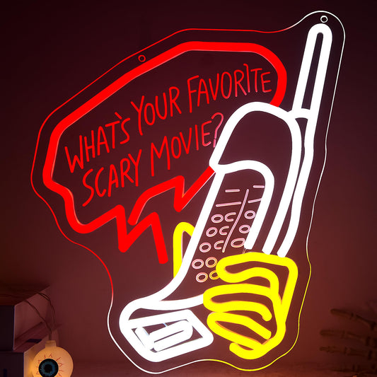 What'S Your Favorite Scary Movie Neon Sign for Wall Decor Dimmable Gothic LED Neon Light for Escape Room Bedroom Bar Halloween Party Terrifying Interior Birthday Gifts Size 14.3 * 11.2 Inch(TWP357)