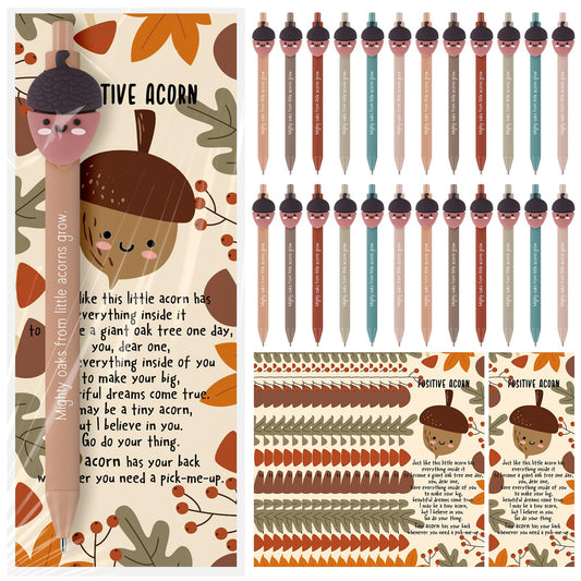 Saypacck 30 Set Thanksgiving Gift Bulk for Coworkers Positive Acorns Ballpoint Pens with Inspirational Positive Cards Emotional Appreciation Fall Gifts for Staff Friend Office Supplies Party Decor