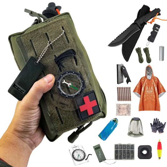 LoDinpo Camping Survival Kit, All in One Outdoor Emergency Gear with Knife, Fire Starter, Fishing Kit, Water Pouch & Compass for Hiking Backpacking Bushcraft Gift for Him