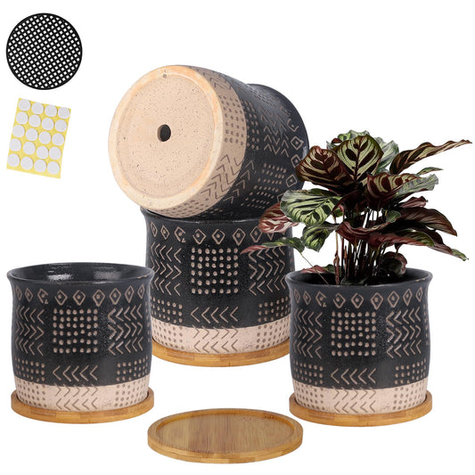 BABALIU 5.5 Inch Ceramic Plant Pots with Drainage Holes and Trays, Creative Retro Totem Planter Pot with Bamboo Saucers for Indoor Flowers, Succulent, Snake Plants, Cactus & Herbs, Black, Set of 4
