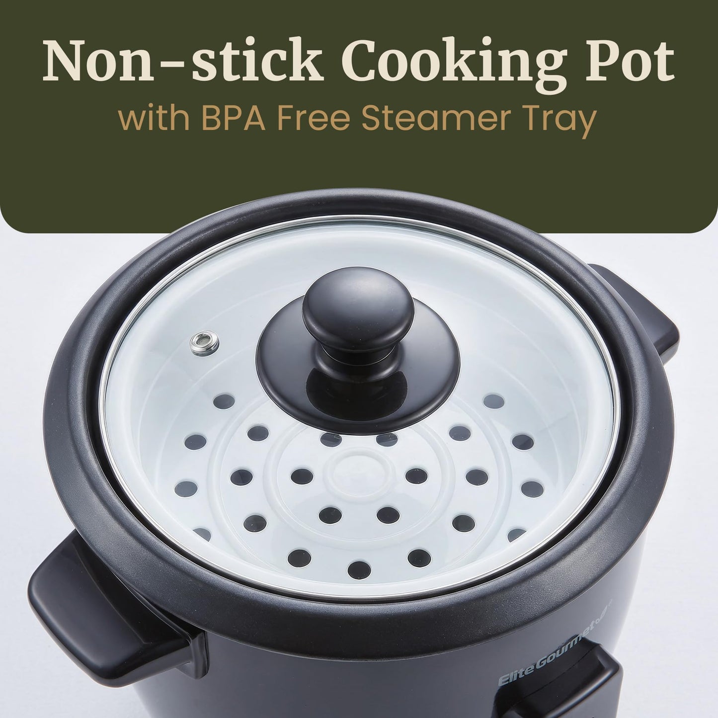 Elite Gourmet Electric Rice Cooker with Steam Tray and Non-Stick Inner Pot Makes Soups, Stews, Grains, Cereals, Keep Warm Feature, 6 Cups Cooked (3 Cups Uncooked), Black