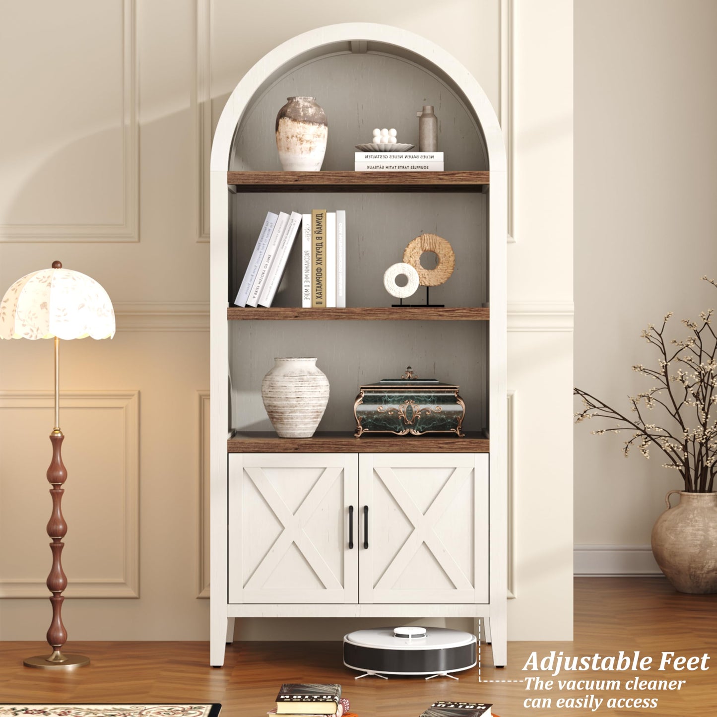 Yusong 71" Tall Arched Bookcase, 5-Tier Arched Bookshelf, Arch Cabinet Display Cabinet with Doors and Adjustable Shelf, Modern Farmhouse Kitchen Pantry for Living Room Bedroom, White