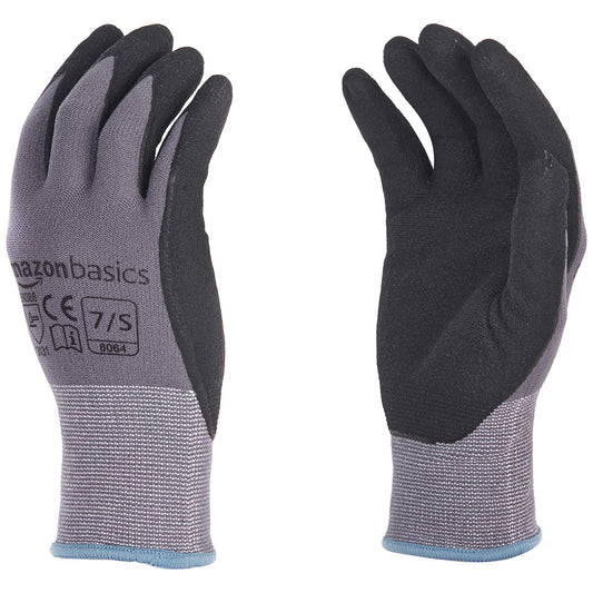 Amazon Basics Micro-Foam Nitrile Coated Safety Work Gloves, Touch Screen, Nylon Liner Fiber, All-Purpose, Grey, Size 7/S, 12-Pair