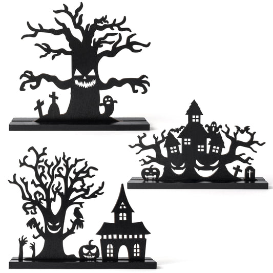 WATINC Halloween Wooden Centerpiece Decoration - 3Pcs Silhouette Haunted House Tree Wood Tabletop Decor, Black Sketch Horror Pumpkin Boo Detachable Tiered Tray Sign Table Topper for Home Kitchen Party