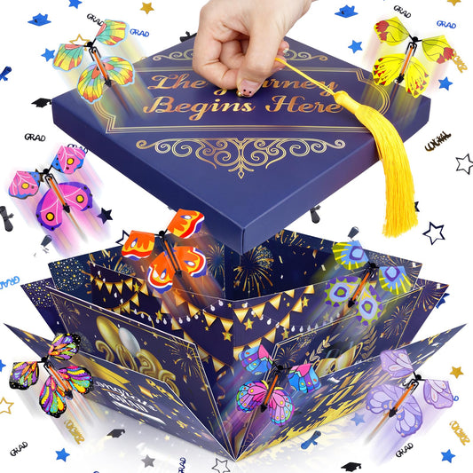 Prewplam 2026 Flying Butterfly Surprise Box, Graduation Gift Boxes with 8 Pcs Flying Butterfly, Explosion Graduation Gift Box High School College Graduation Party Favors - Blue and Gold