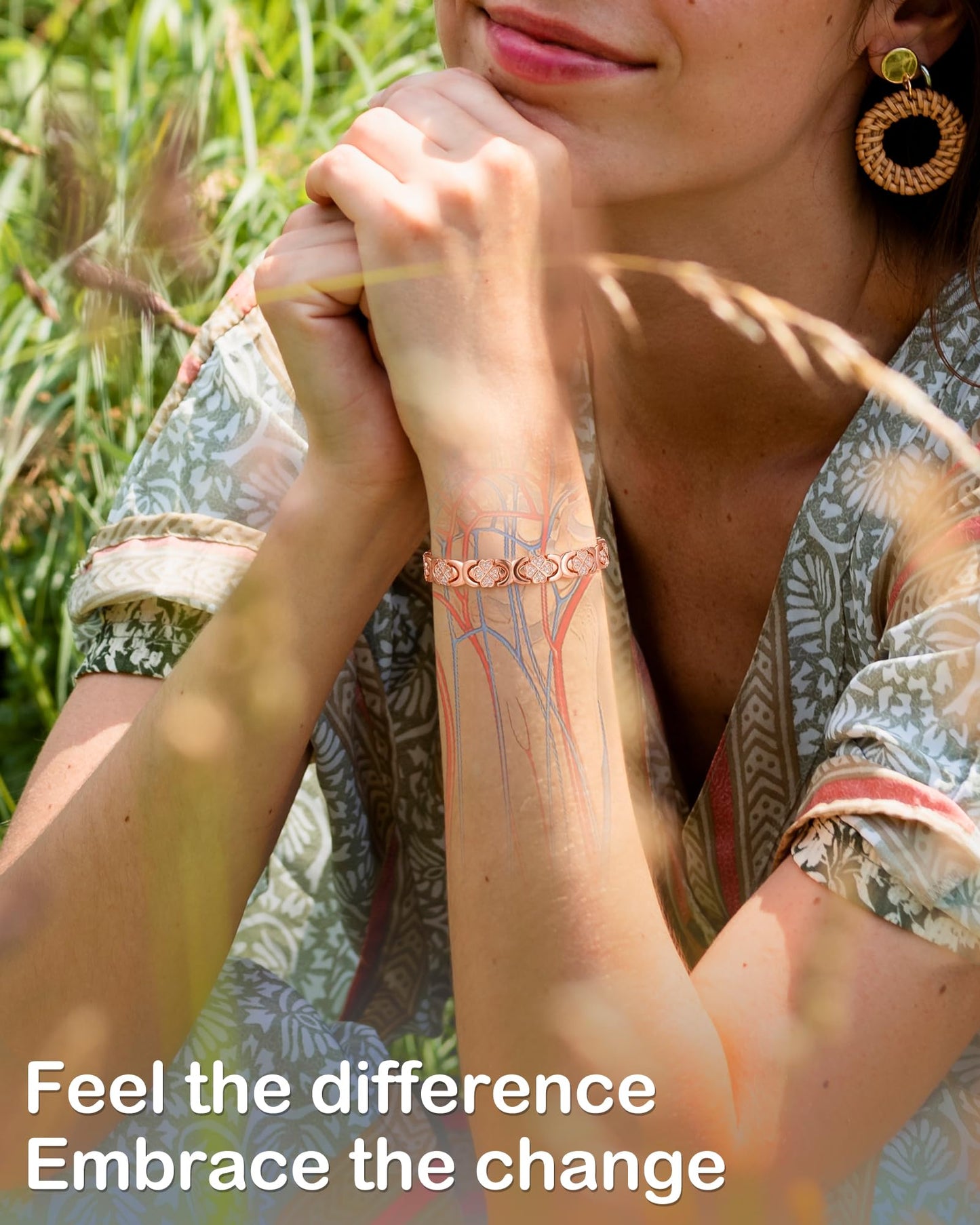Feraco Pure Copper Bracelets for Women, Ultra Strength Magnetic Bracelet for Women with 3800 Gauss Magnet & Sparkling Cubic Zirconia, Copper Jewelry Gift, Infinite Clover (Rose Gold)