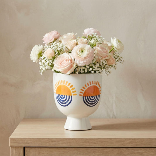 Sagebrook Home Boho Ceramic Planter with Pedestal Base - Hand-Painted Stoneware Plant Pot for Home & Garden - Modern Decorative Design - 7" White