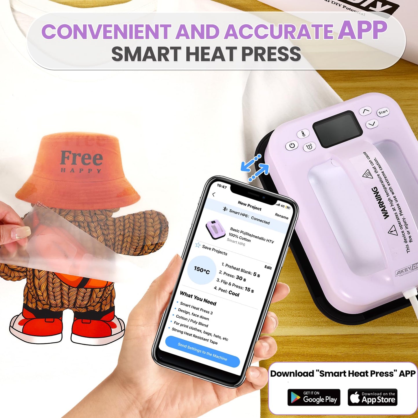 Whubefy Heat Press Machine for T-Shirts, 7"x5" Portable Easy Press T Shirt Pressing Machine with Bluetooth, Sublimation Heat Press Transfer Machine for T-Shirts, Hats, Bags Vinyl Projects