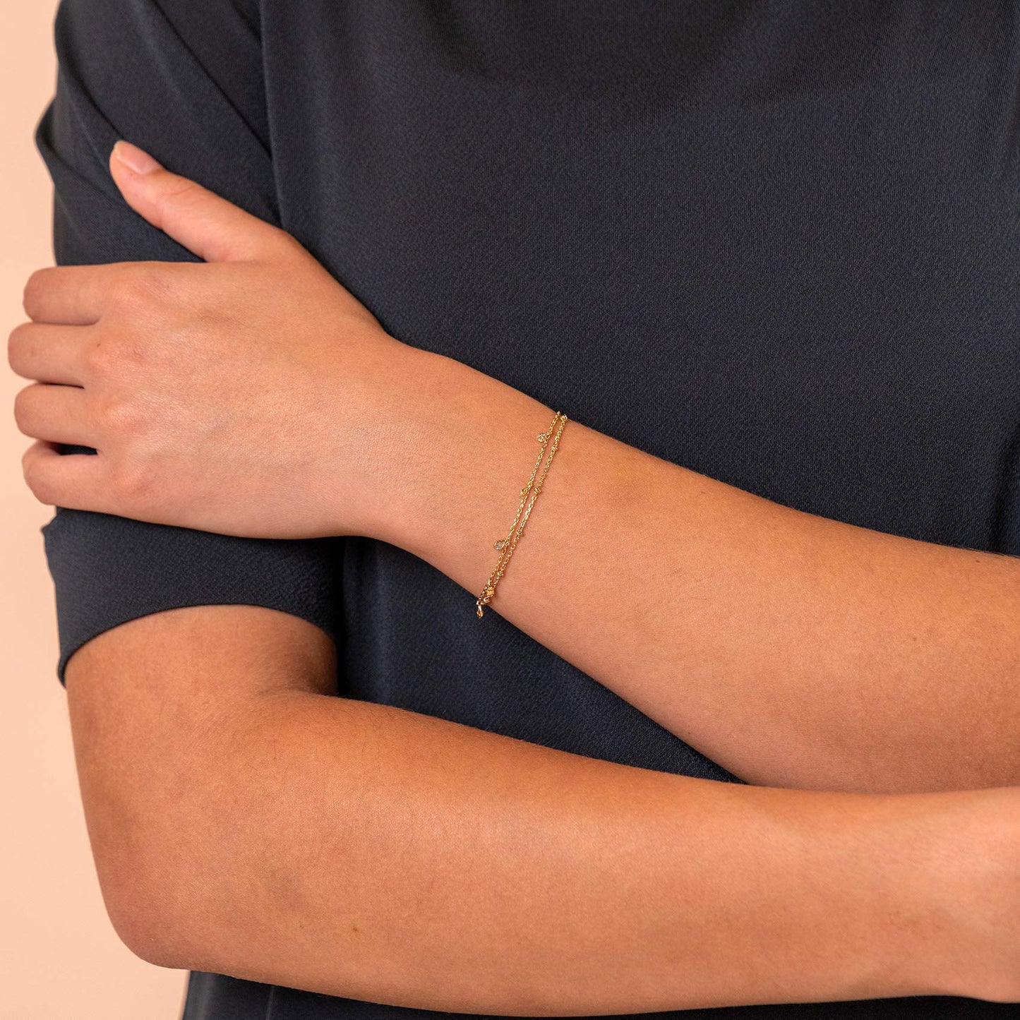 PAVOI 14K Rose Gold Plated Layering Double Chain Bracelets for Women - Cubic Zirconia Stacking Double Wrap Chain Bracelet - Cute Best Friends Jewelry