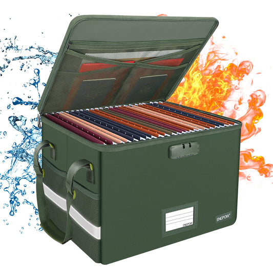 ENGPOW File Box with Lock, Fireproof Document Box with Zipper Lid, Collapsible File Storage Organizer Filing Cabinet with Handle, Portable Home Office Safe for Hanging Letter/Legal Folders, Green