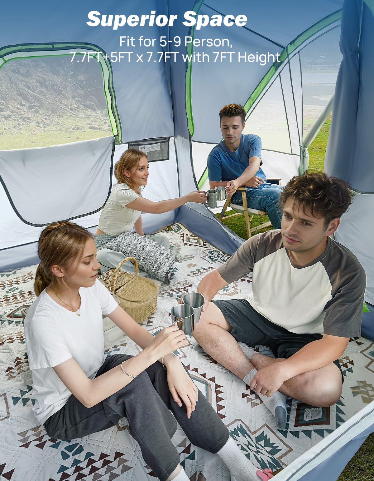 JOYTUTUS SUV Tent with Screen Porch and Awning for Family Camping, 60% More Space Car Tent for 5-9 Person, Dual-Use SUV or Camping with Rainfly, Double Door, Starry Sky Roof, Fit for SUV Car Van