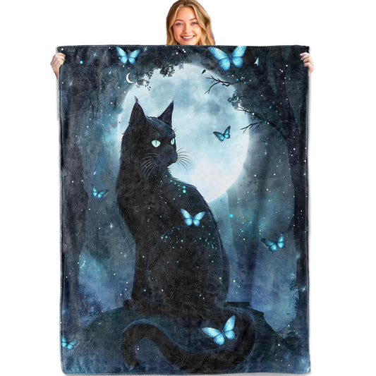 MIEPOS Fantasy Black Cat Throw Blanket, 50x60in, Soft Lightweight Flannel, Mystical Moon Butterfly Design Blankets,Gifts for Women Girls,for Couch Travel Office Home Living Room Cabin Decor