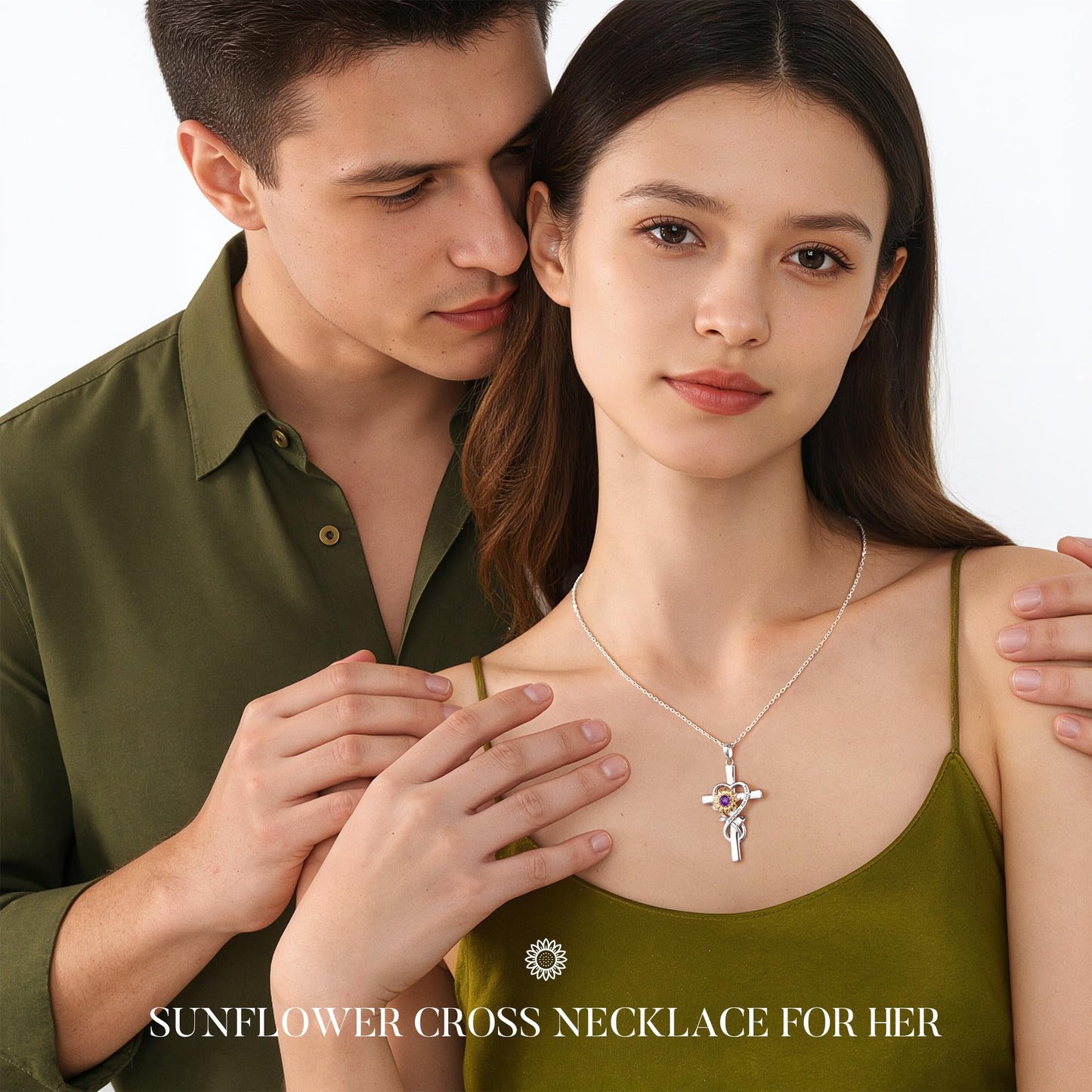 Iefil Lab-Created Alexandrite Necklace - Sunflower Cross Necklace for Women | Anniversary Birthday Gifts, Sunflower Gifts