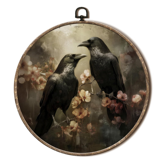 EGVQK Vintage Gothic Black Raven Round Wall Art, Dark Academia Crow Floral Framed Canvas Prints Wall Art, Rustic Cottagecore Round Canvas Hanging Walls Decor for Home Bedroom Decorations, 10x10in