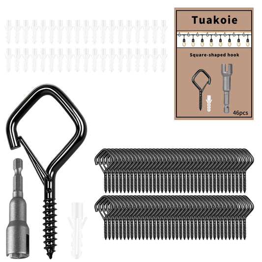 Tuakoie Heavy Duty Eye Screw Hooks with Safety Buckle, Windproof Ceiling Hooks for Hanging Plants, Outdoor String Lights, Bird Feeders, Cups & Decor – Metal Screw in Hooks (2.36IN Black, 46PCS)