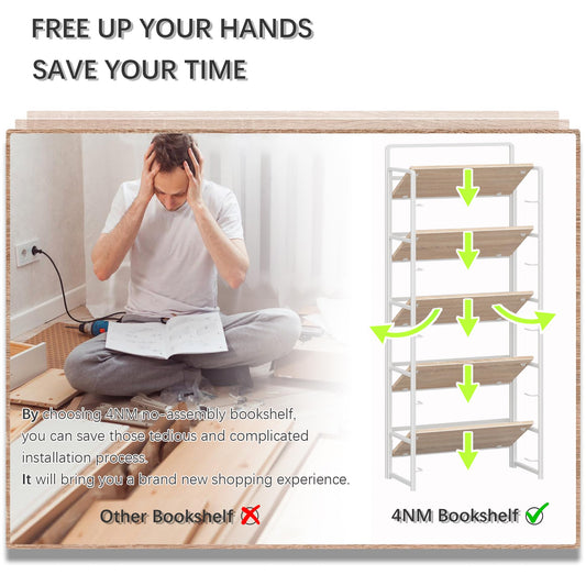 4NM No Assembly 5 Tiers Folding Bookshelf Storage Shelves Vintage Bookcase Standing Racks Study Organizer Home Office (Natural White)