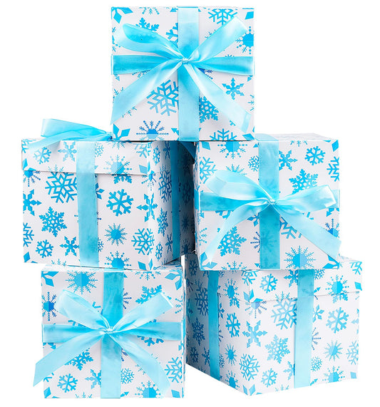 Jaywayang 5 Pack White Christmas Gift Boxes with Lids, Ribbons and Tissue Papers Square Gift Boxes - 7.1 Inch - Presents Wrapping Christmas Gift Holiday New Year Party Favor Boxes.