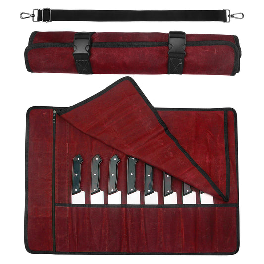 Chef Knife Roll Bag,Waxed Canvas Knife Travel Case,Heavy Duty Professional Knife Carrier Storage Holder with 10 Slots,Portable Kitchen Culinary Tool Organizer for Men,Fits up to 18.8” Knives.Burgundy