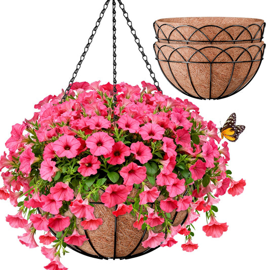 Halatool 2 Pack 14 Inch Metal Hanging Baskets for Plants Outdoor,Chain Hook Hanging Flower Baskets with Coco Liners for Ferns Succulents Indoor Outdoor Use Patio Fence Balcony Porch Decor