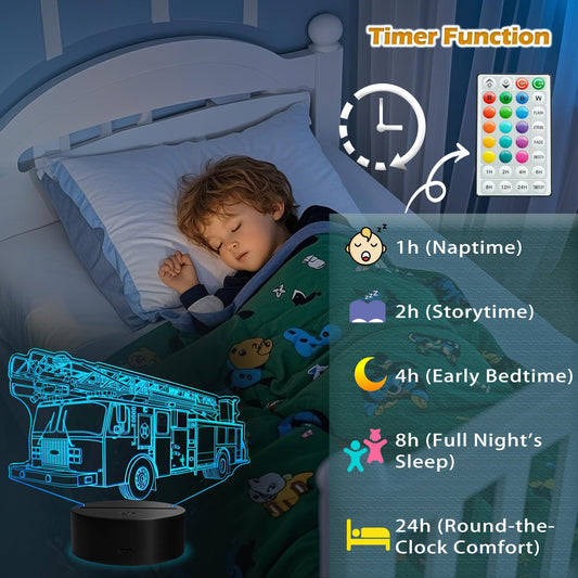POSSHE Fire Truck 3D Night Light for Boys, 16 Colors with Remote Control, Timer, RGB Flashing Mode, Dimmable LED Illusion Lamp, Fire Truck Ornament for Birthday Holiday Christmas Decor