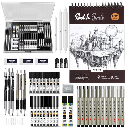 Nicpro 52PCS Art Drawing Supplies Kit, Metal Mechanical Pencil Set 0.5, 0.7, 0.9 & 2mm, 9x12 Sketch Book, 12 Fineliner Pens, 20 Tubes Leads, School Supplies Drawing Kit for Artist Adults Sketching