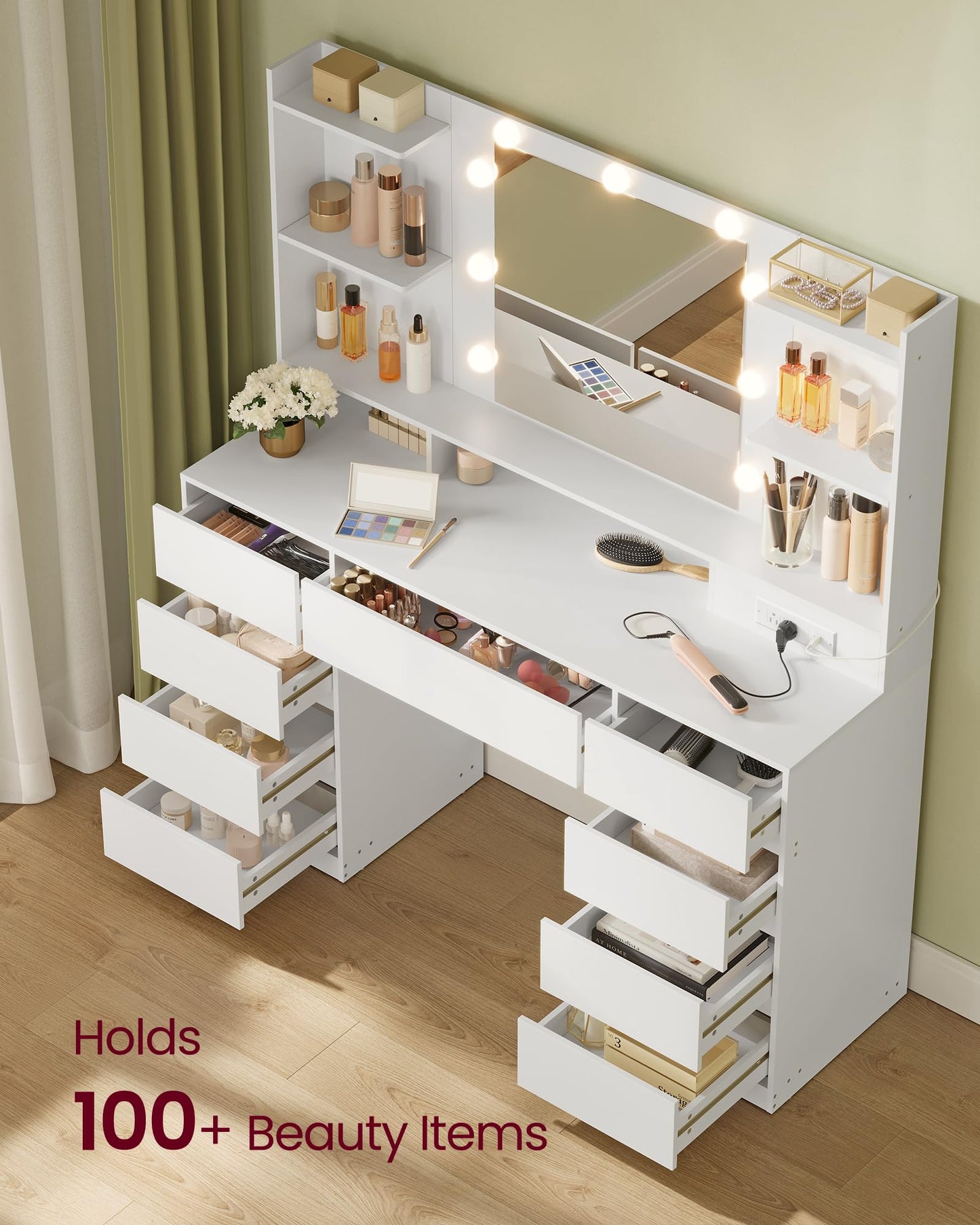VASAGLE Kailyn Collection - Vanity Desk with Mirror and 9 LED Bulbs, Vanity Makeup Table with Power Outlets, Dressing Table with 9 Drawers, for Bedroom, Cloud White URDT141WB01S