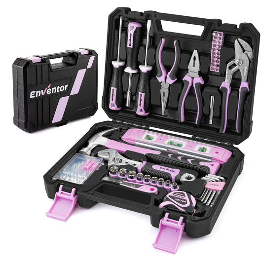 Enventor Pink Tool Kit Set for Women, 146PCS General Household Hand Tool Kit with Storage Toolbox, Ladies Small Basic Tool Kits for Home Maintenance, DIY Projects