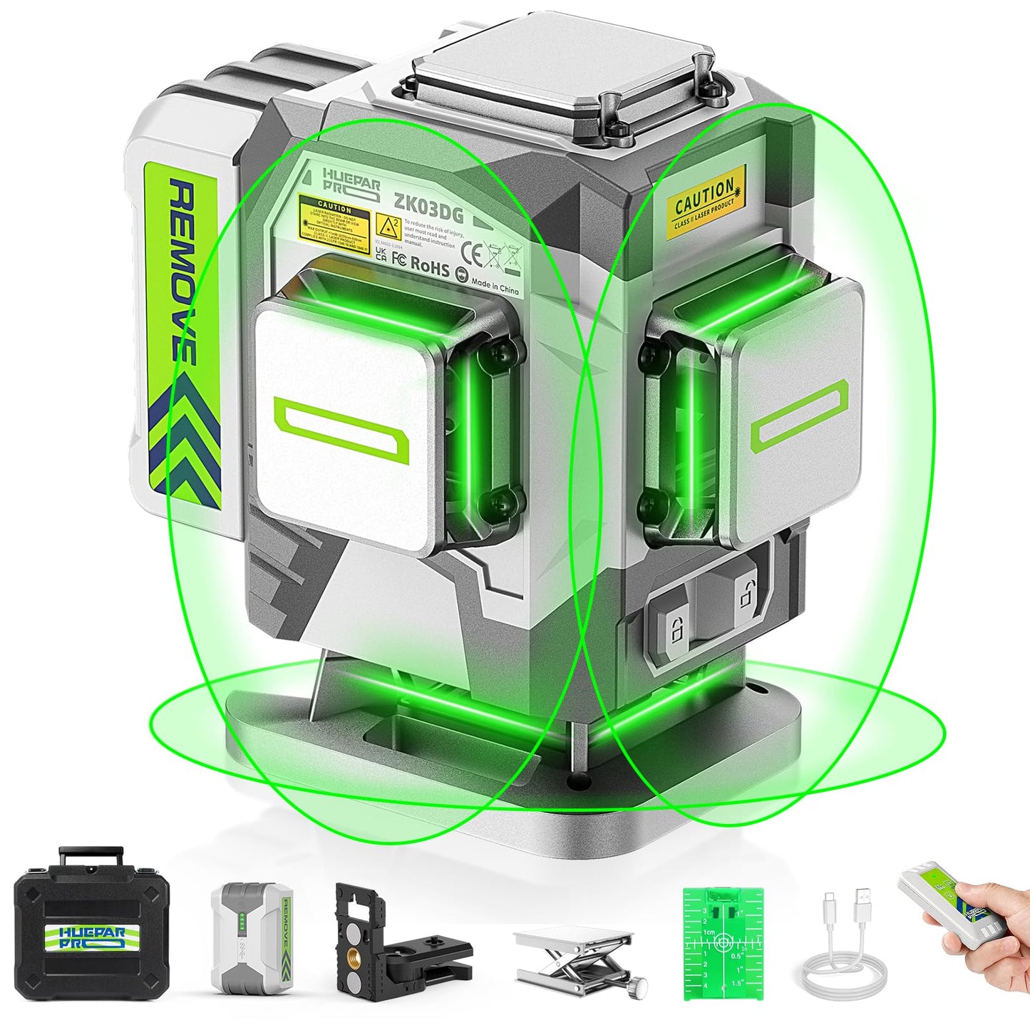 Huepar Pro Laser Level, 3x360° Self Leveling Green Tiling Level Laser Tool, 3D Cross Line Laser Level Tool, High Accuracy Floor Laser with 8000mAh Li-ion Battery, Remote Control & Hard Carry Case