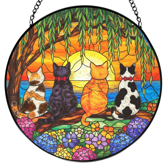LIANGEAGOM Cat Flower Stained Glass Window Hanging, Cat Mom Lovers Gifts for Women, Nature Sunset Kitten Landscape Suncatchers Sun Catchers Indoor Window Glass Wall Art Decorations, 7.9x7.9in, Patio