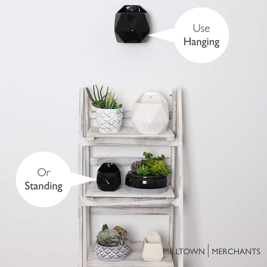 Milltown Merchants Succulent Wall Planters - Wall Vases - White Ceramic Wall Mounted Planters - Succulent Plant Pots - Hanging Vases for Living Wall (2 Pack/Geometric/Black)