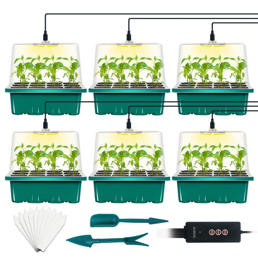 LYDTICK 6-Set Seed Starter Tray with Grow Light, Seed Starting Trays Kits with Timing Controller Adjustable Humidity Domes Heightened Lids(12-Cells Per Tray)