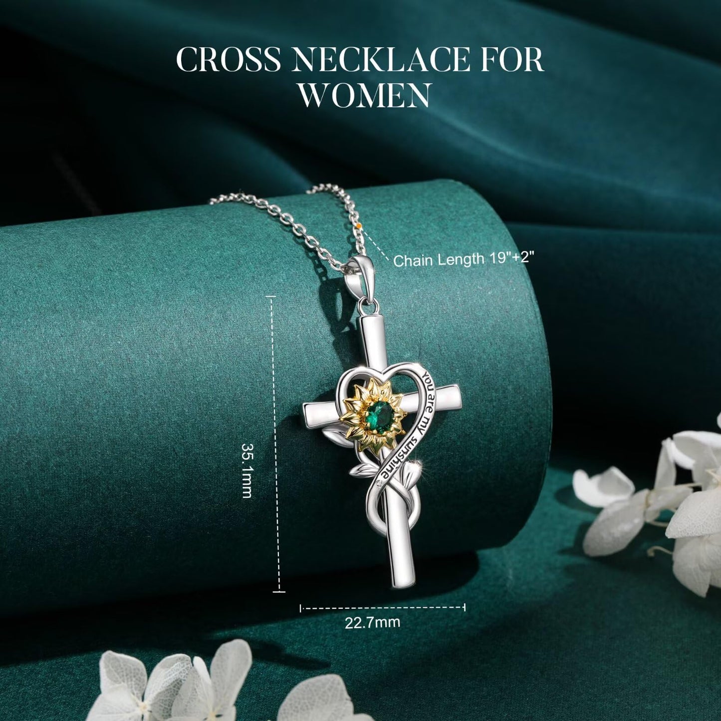Iefil Cross Sunflower Necklaces for Wife - Simulated Sapphire Necklace, September Jewelry | Anniversary Birthday Gifts for Women, Sunflower Gifts