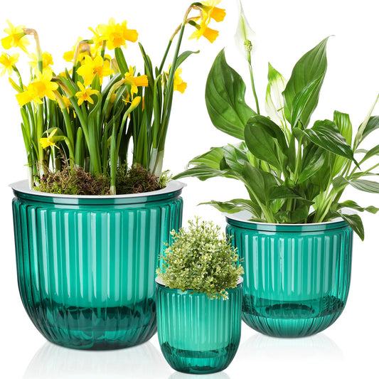 Romooa 3 Pcs Self Watering Pots for Indoor Plants Planters with Drainage Holes 8.3" 6.5" 4.5" Flower Pots Durable Plastic with Wick Rope and Reservoir Emerald Green Clear for Herbs African Violet
