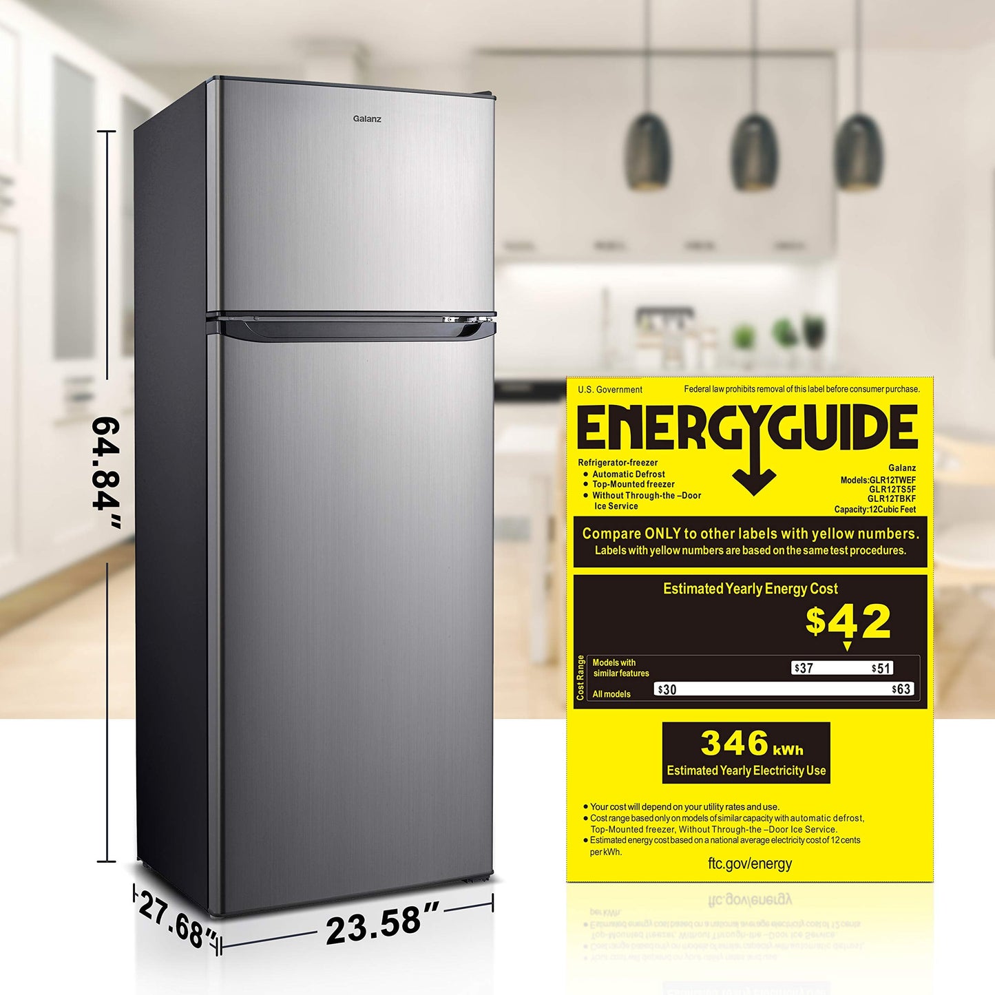 Galanz GLR12TS5F Refrigerator, Dual Door Fridge, Adjustable Electrical Thermostat Control with Top Mount Freezer Compartment, 12.0 Cu.Ft, Stainless Steel, 12