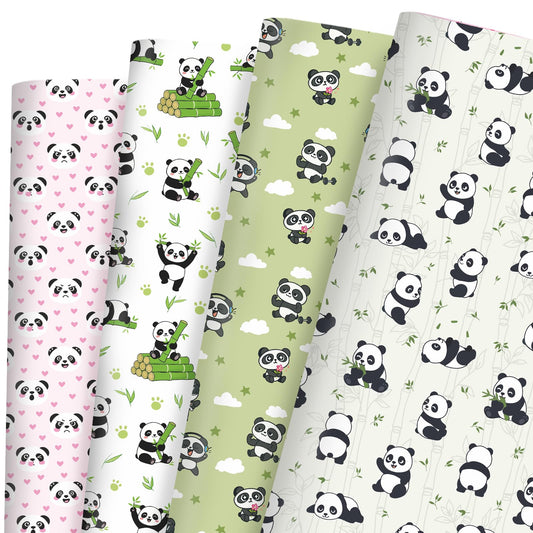 Liobelon 12 Pcs Panda Bamboo Wrapping Paper, Cute Animal Print Gift Wrap, Colorful Panda Themed Wrapping Paper for Birthday Baby Shower Craft Decor Holiday Gifting（20"×28"）